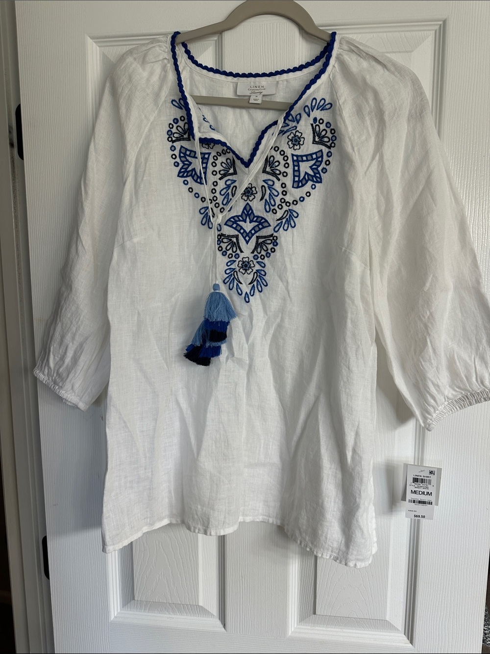 Linen White Peasant Tunic with Blue Embroidery and Tassel